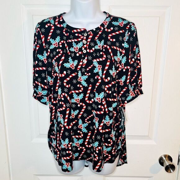 Modcloth Winning Them Over Short Sleeve Holiday Top Black Candy Cane M NWT - Picture 4 of 9